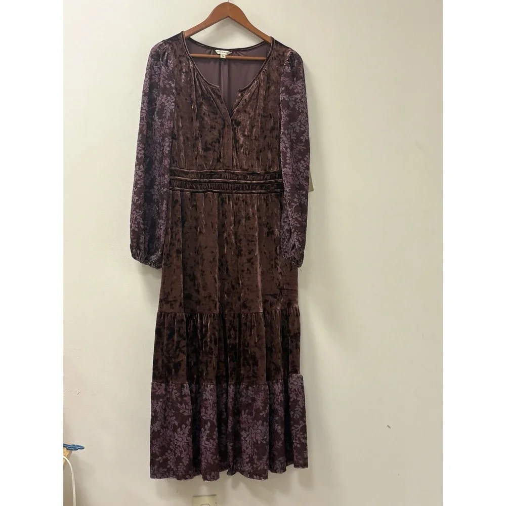 Frye and Co Burgundy Crushed Velvet Floral Maxi Dress Long Sleeve Smock Sz L